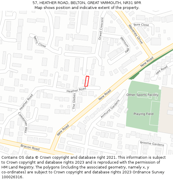 57, HEATHER ROAD, BELTON, GREAT YARMOUTH, NR31 9PR: Location map and indicative extent of plot