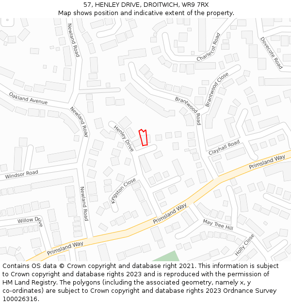 57, HENLEY DRIVE, DROITWICH, WR9 7RX: Location map and indicative extent of plot