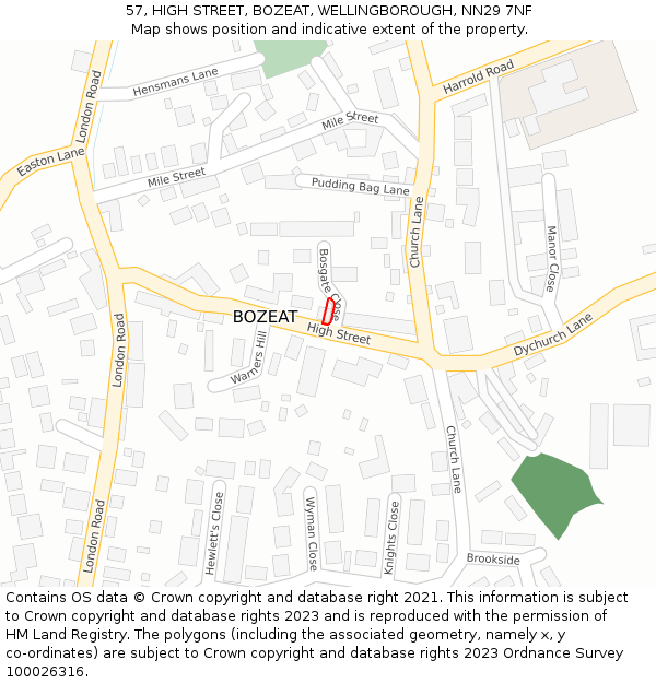 57, HIGH STREET, BOZEAT, WELLINGBOROUGH, NN29 7NF: Location map and indicative extent of plot