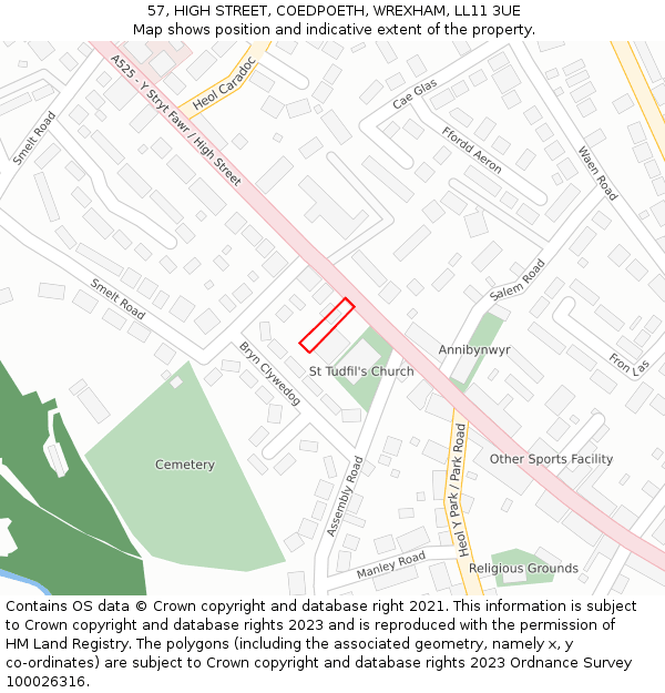 57, HIGH STREET, COEDPOETH, WREXHAM, LL11 3UE: Location map and indicative extent of plot