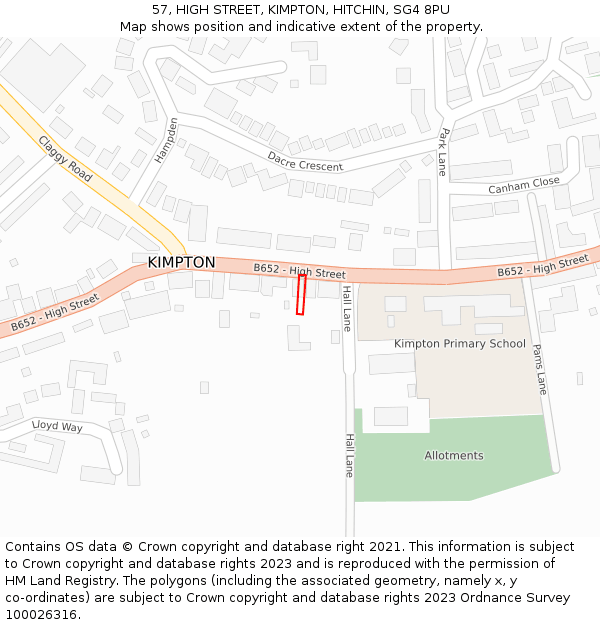 57, HIGH STREET, KIMPTON, HITCHIN, SG4 8PU: Location map and indicative extent of plot