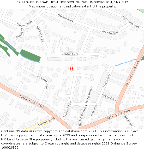 57, HIGHFIELD ROAD, IRTHLINGBOROUGH, WELLINGBOROUGH, NN9 5UD: Location map and indicative extent of plot