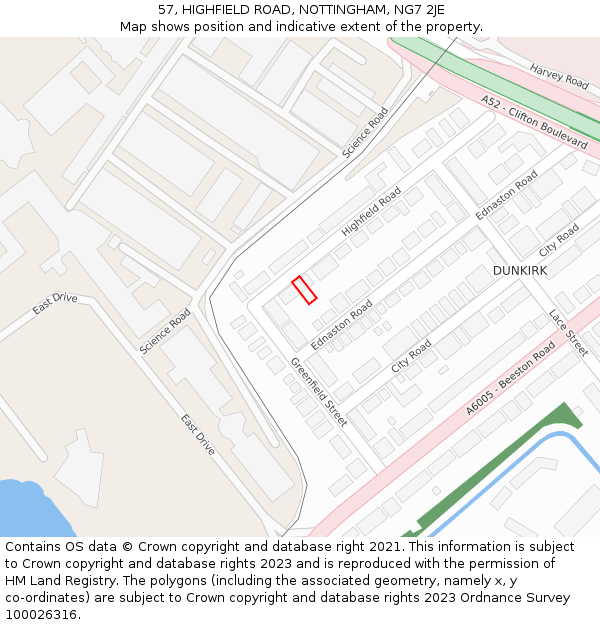 57, HIGHFIELD ROAD, NOTTINGHAM, NG7 2JE: Location map and indicative extent of plot