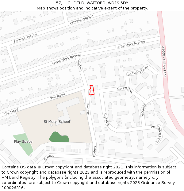 57, HIGHFIELD, WATFORD, WD19 5DY: Location map and indicative extent of plot