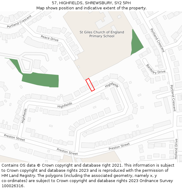 57, HIGHFIELDS, SHREWSBURY, SY2 5PH: Location map and indicative extent of plot