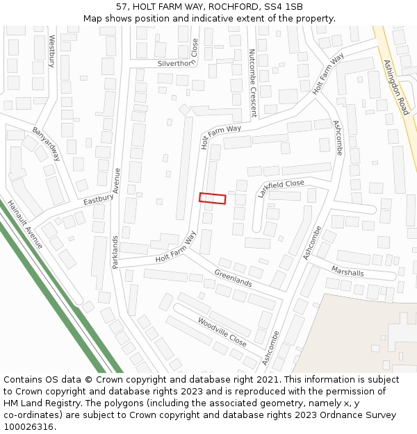 57, HOLT FARM WAY, ROCHFORD, SS4 1SB: Location map and indicative extent of plot