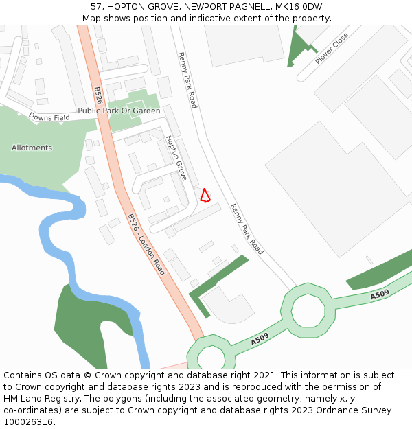 57, HOPTON GROVE, NEWPORT PAGNELL, MK16 0DW: Location map and indicative extent of plot