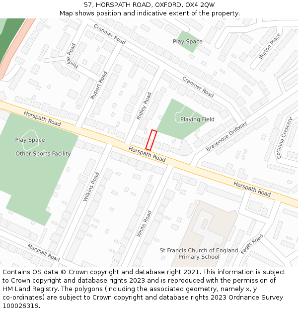 57, HORSPATH ROAD, OXFORD, OX4 2QW: Location map and indicative extent of plot