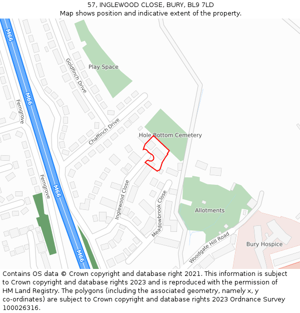 57, INGLEWOOD CLOSE, BURY, BL9 7LD: Location map and indicative extent of plot