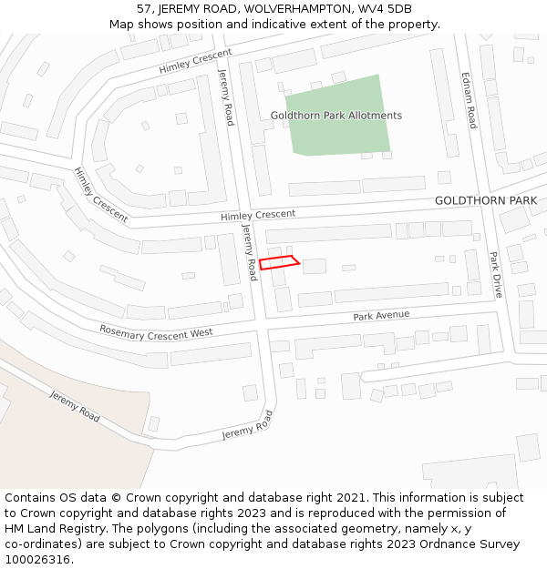 57, JEREMY ROAD, WOLVERHAMPTON, WV4 5DB: Location map and indicative extent of plot