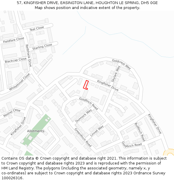 57, KINGFISHER DRIVE, EASINGTON LANE, HOUGHTON LE SPRING, DH5 0GE: Location map and indicative extent of plot