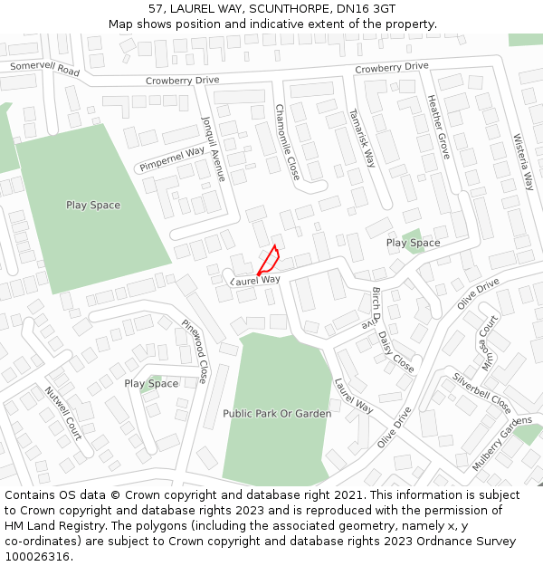 57, LAUREL WAY, SCUNTHORPE, DN16 3GT: Location map and indicative extent of plot