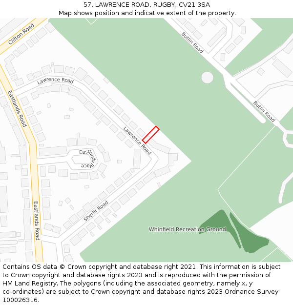 57, LAWRENCE ROAD, RUGBY, CV21 3SA: Location map and indicative extent of plot