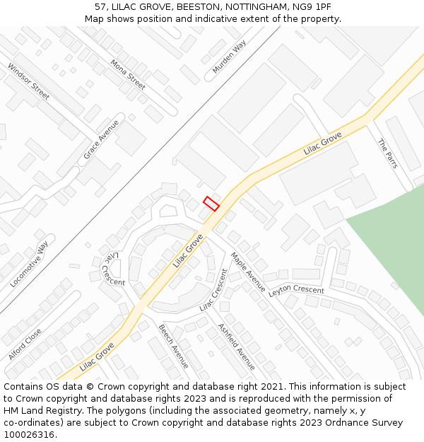 57, LILAC GROVE, BEESTON, NOTTINGHAM, NG9 1PF: Location map and indicative extent of plot