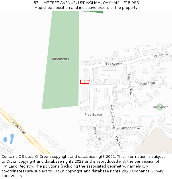57, LIME TREE AVENUE, UPPINGHAM, OAKHAM, LE15 9SS: Location map and indicative extent of plot