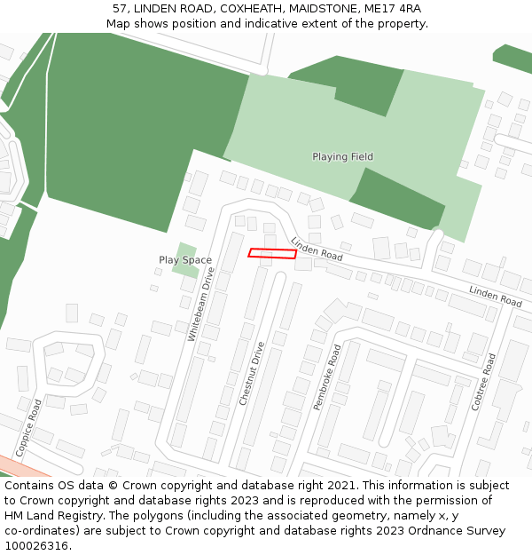 57, LINDEN ROAD, COXHEATH, MAIDSTONE, ME17 4RA: Location map and indicative extent of plot