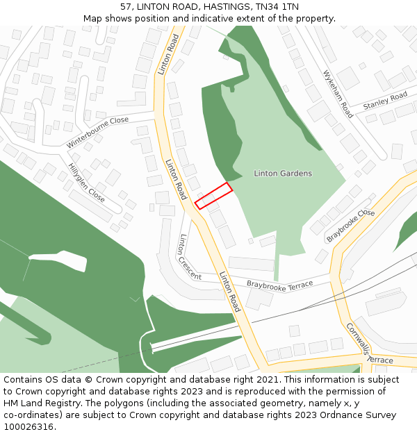 57, LINTON ROAD, HASTINGS, TN34 1TN: Location map and indicative extent of plot