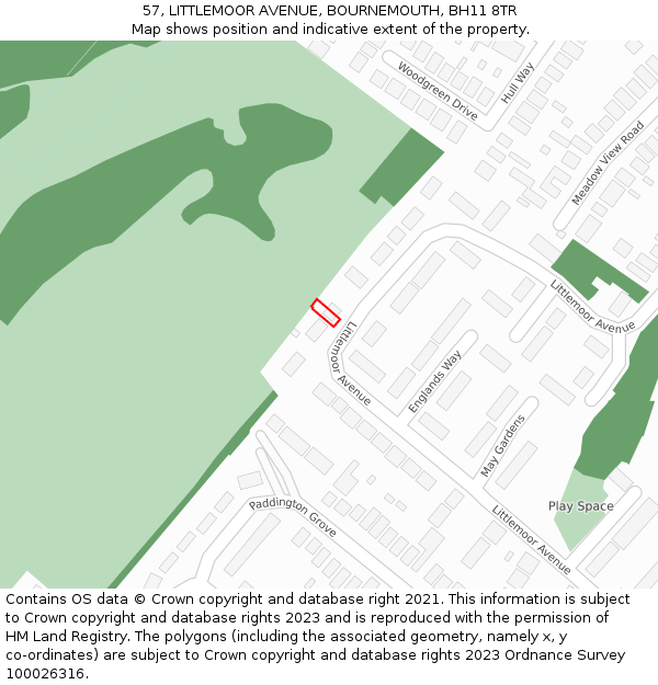 57, LITTLEMOOR AVENUE, BOURNEMOUTH, BH11 8TR: Location map and indicative extent of plot