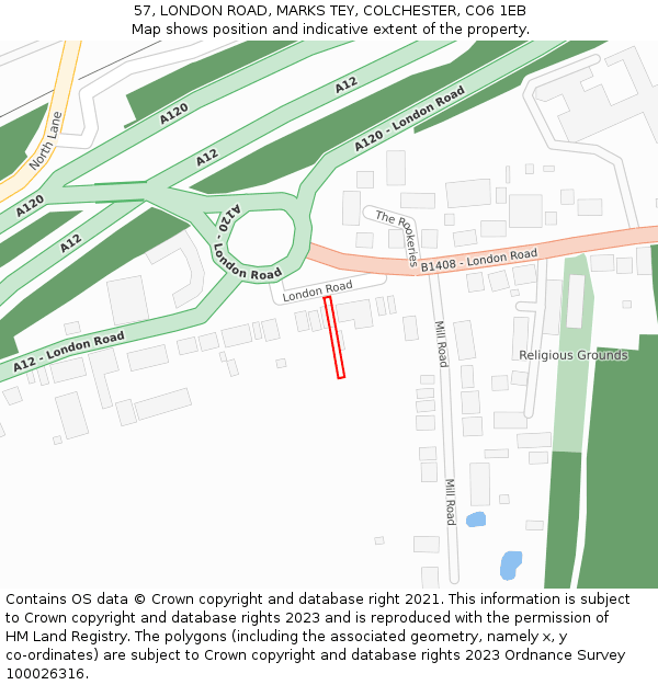 57, LONDON ROAD, MARKS TEY, COLCHESTER, CO6 1EB: Location map and indicative extent of plot