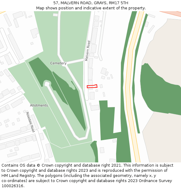 57, MALVERN ROAD, GRAYS, RM17 5TH: Location map and indicative extent of plot