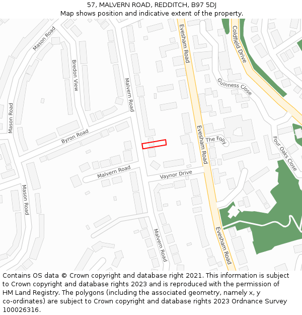 57, MALVERN ROAD, REDDITCH, B97 5DJ: Location map and indicative extent of plot