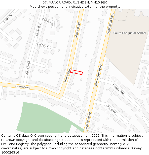 57, MANOR ROAD, RUSHDEN, NN10 9EX: Location map and indicative extent of plot