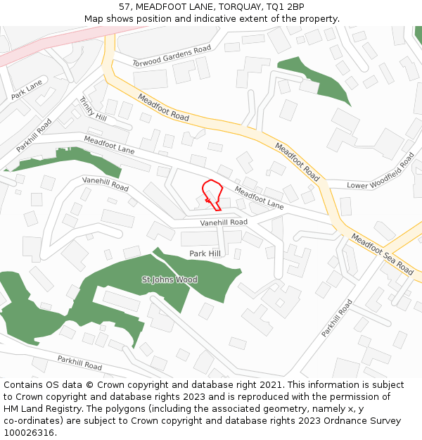 57, MEADFOOT LANE, TORQUAY, TQ1 2BP: Location map and indicative extent of plot