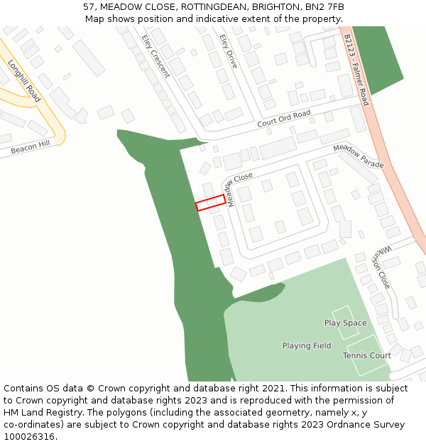 57, MEADOW CLOSE, ROTTINGDEAN, BRIGHTON, BN2 7FB: Location map and indicative extent of plot