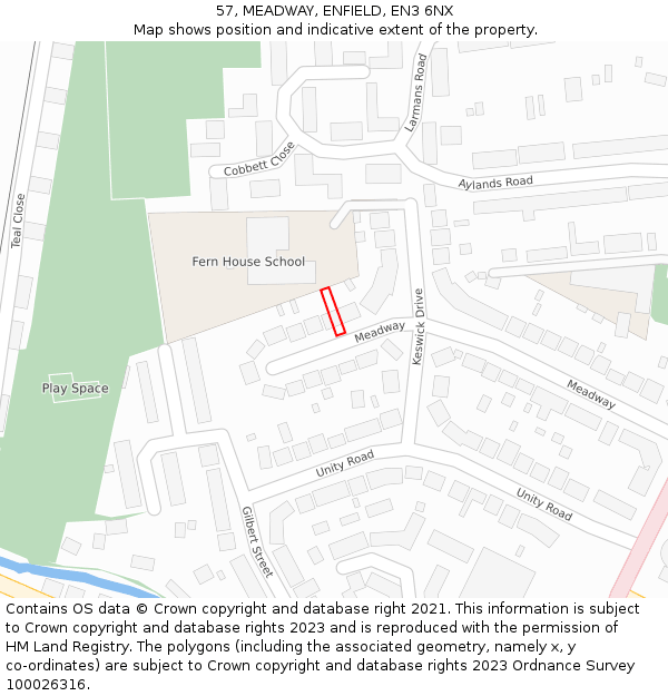 57, MEADWAY, ENFIELD, EN3 6NX: Location map and indicative extent of plot