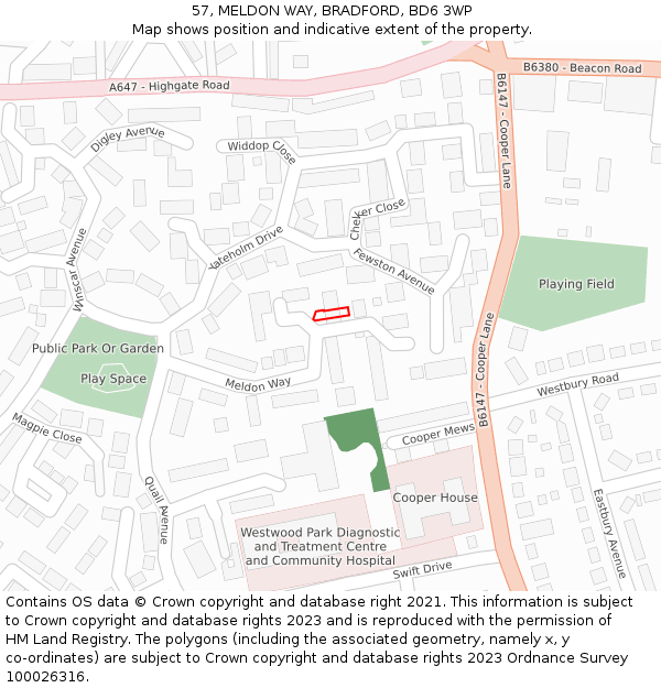 57, MELDON WAY, BRADFORD, BD6 3WP: Location map and indicative extent of plot