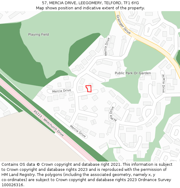 57, MERCIA DRIVE, LEEGOMERY, TELFORD, TF1 6YG: Location map and indicative extent of plot