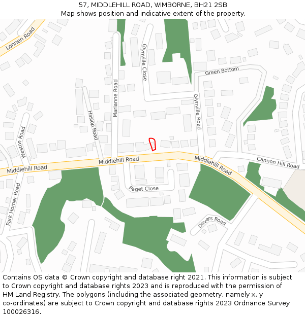 57, MIDDLEHILL ROAD, WIMBORNE, BH21 2SB: Location map and indicative extent of plot