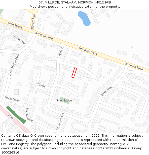 57, MILLSIDE, STALHAM, NORWICH, NR12 9PB: Location map and indicative extent of plot