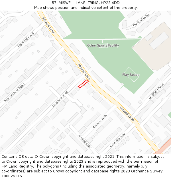 57, MISWELL LANE, TRING, HP23 4DD: Location map and indicative extent of plot