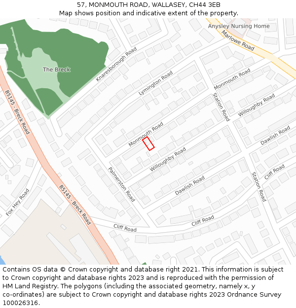 57, MONMOUTH ROAD, WALLASEY, CH44 3EB: Location map and indicative extent of plot