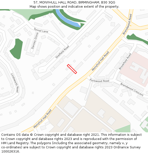 57, MONYHULL HALL ROAD, BIRMINGHAM, B30 3QG: Location map and indicative extent of plot