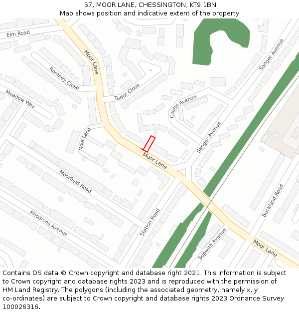 57, MOOR LANE, CHESSINGTON, KT9 1BN: Location map and indicative extent of plot