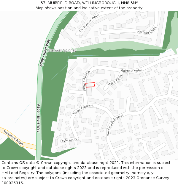57, MUIRFIELD ROAD, WELLINGBOROUGH, NN8 5NY: Location map and indicative extent of plot