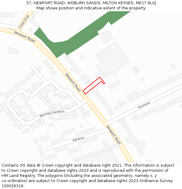 57, NEWPORT ROAD, WOBURN SANDS, MILTON KEYNES, MK17 8UQ: Location map and indicative extent of plot