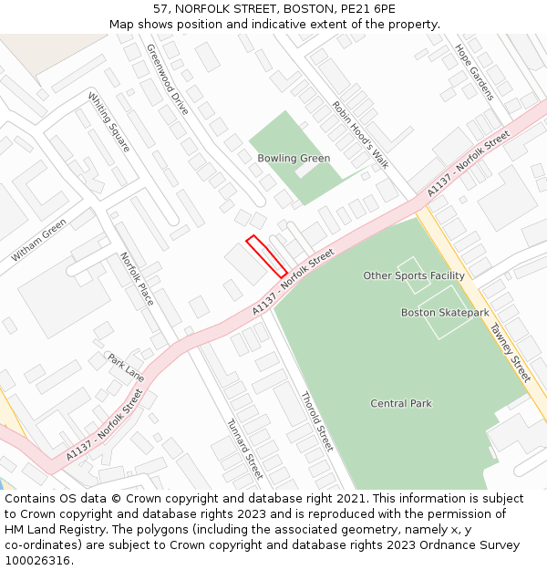 57, NORFOLK STREET, BOSTON, PE21 6PE: Location map and indicative extent of plot