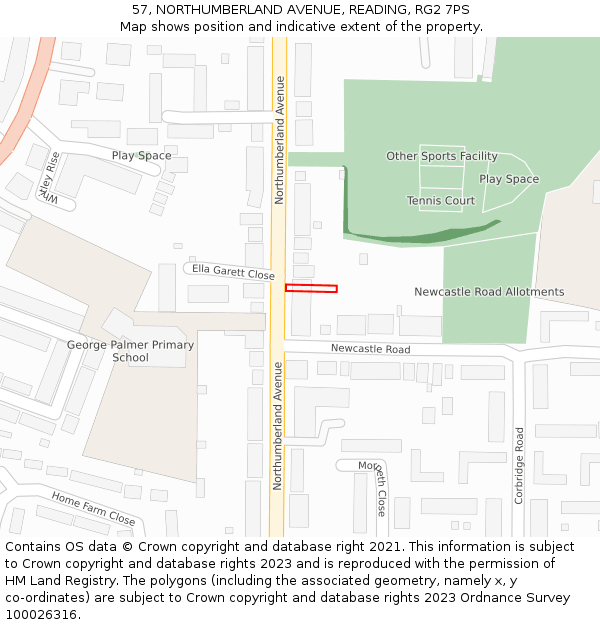 57, NORTHUMBERLAND AVENUE, READING, RG2 7PS: Location map and indicative extent of plot