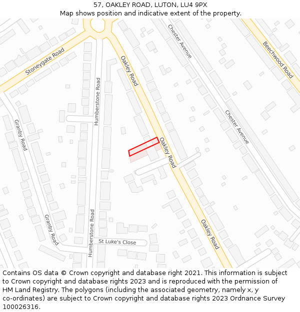 57, OAKLEY ROAD, LUTON, LU4 9PX: Location map and indicative extent of plot