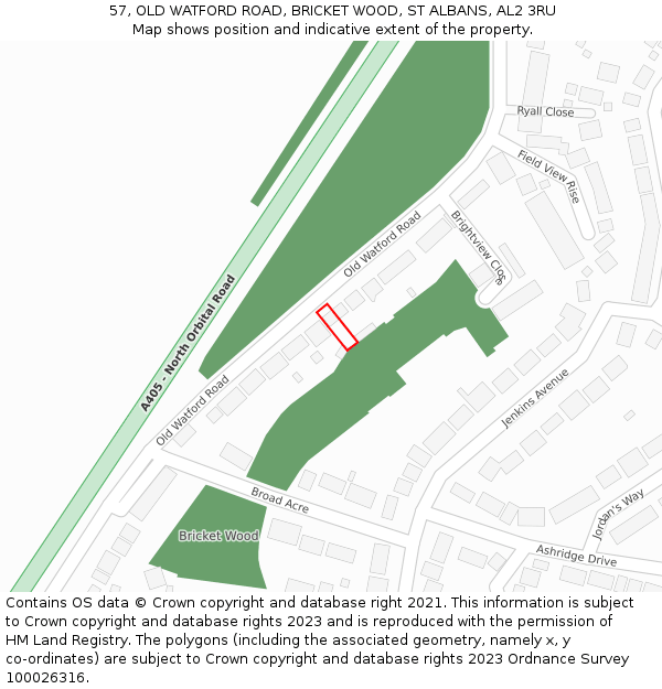 57, OLD WATFORD ROAD, BRICKET WOOD, ST ALBANS, AL2 3RU: Location map and indicative extent of plot