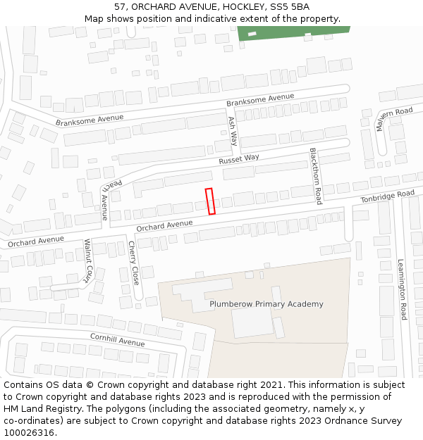 57, ORCHARD AVENUE, HOCKLEY, SS5 5BA: Location map and indicative extent of plot