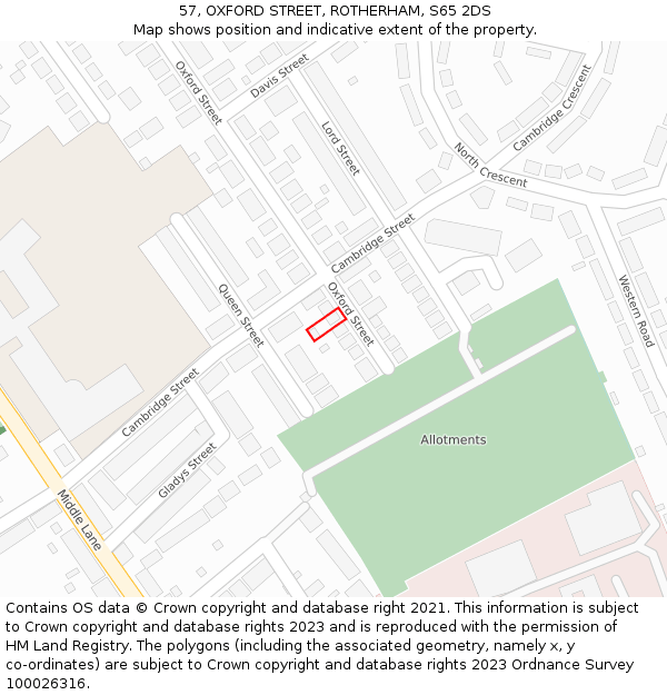 57, OXFORD STREET, ROTHERHAM, S65 2DS: Location map and indicative extent of plot