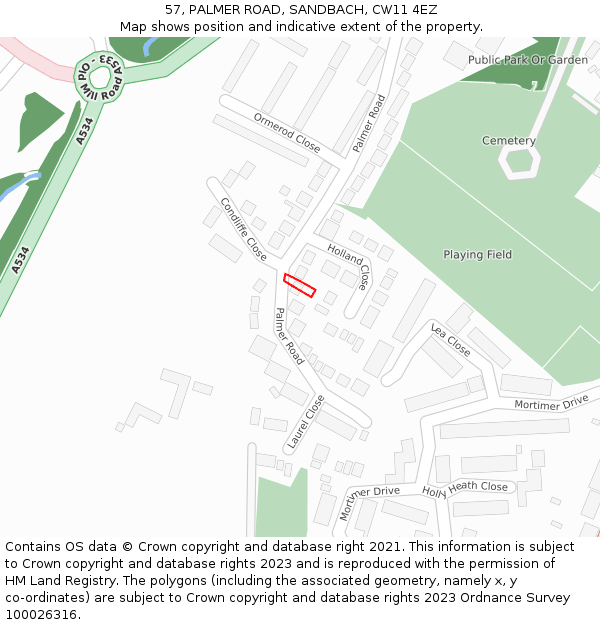 57, PALMER ROAD, SANDBACH, CW11 4EZ: Location map and indicative extent of plot