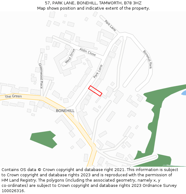 57, PARK LANE, BONEHILL, TAMWORTH, B78 3HZ: Location map and indicative extent of plot