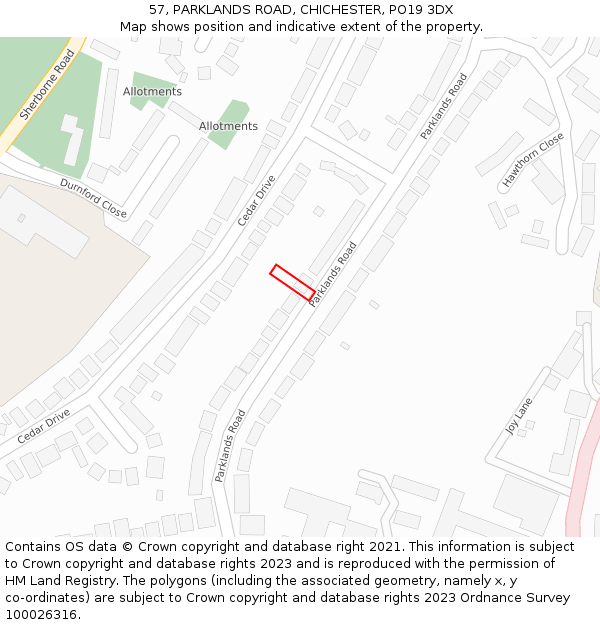 57, PARKLANDS ROAD, CHICHESTER, PO19 3DX: Location map and indicative extent of plot