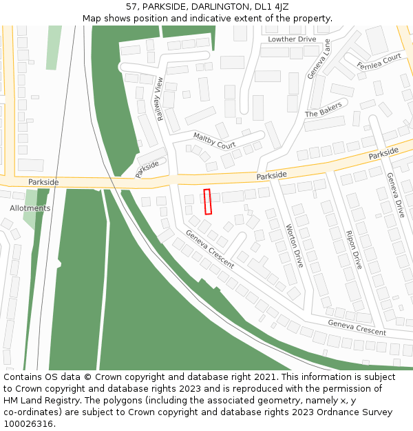 57, PARKSIDE, DARLINGTON, DL1 4JZ: Location map and indicative extent of plot