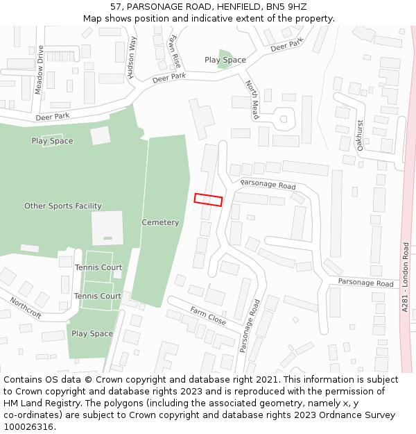 57, PARSONAGE ROAD, HENFIELD, BN5 9HZ: Location map and indicative extent of plot